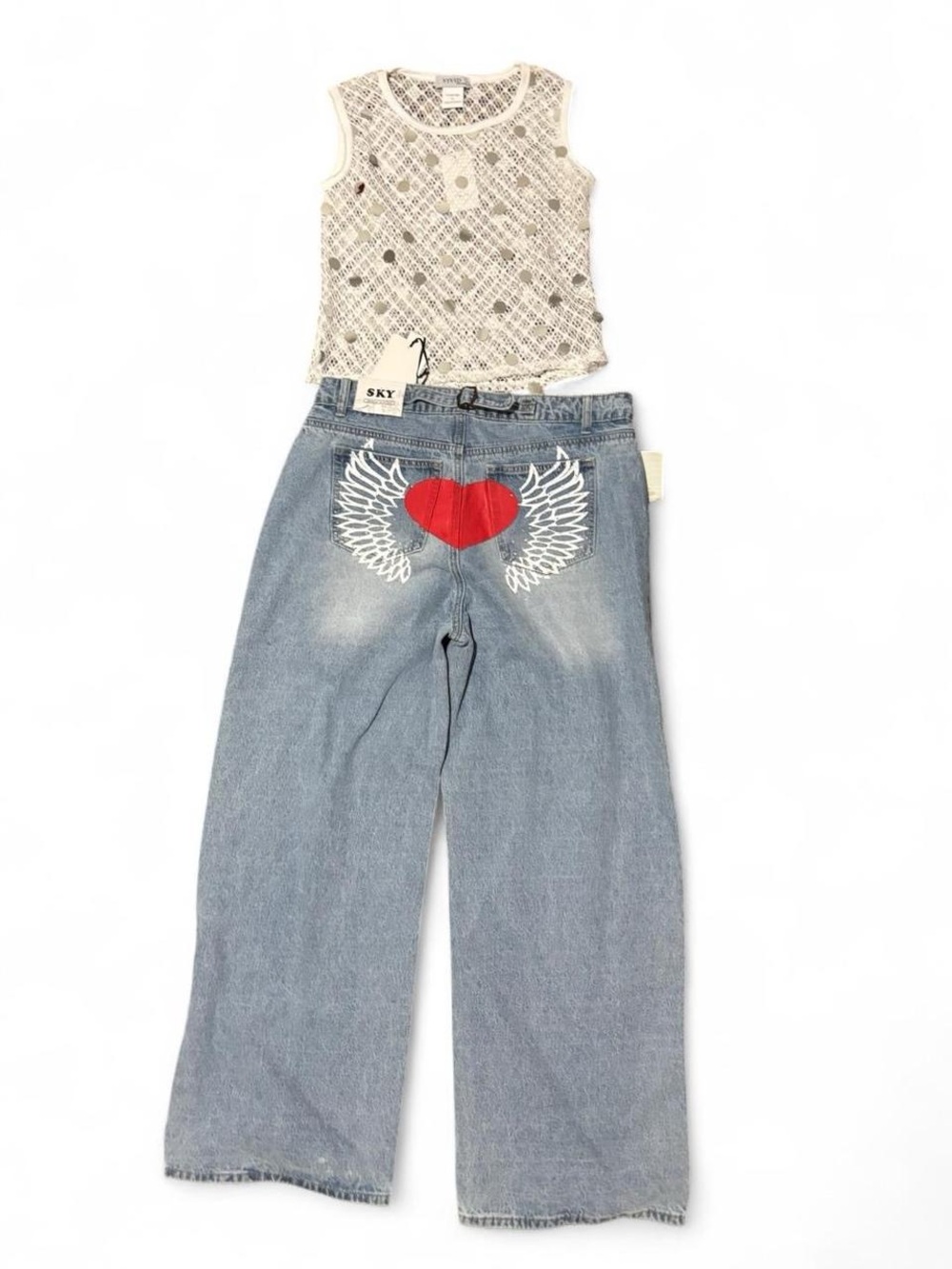 Sky Women's Boyfriend Jeans with Red Heart and White Wings